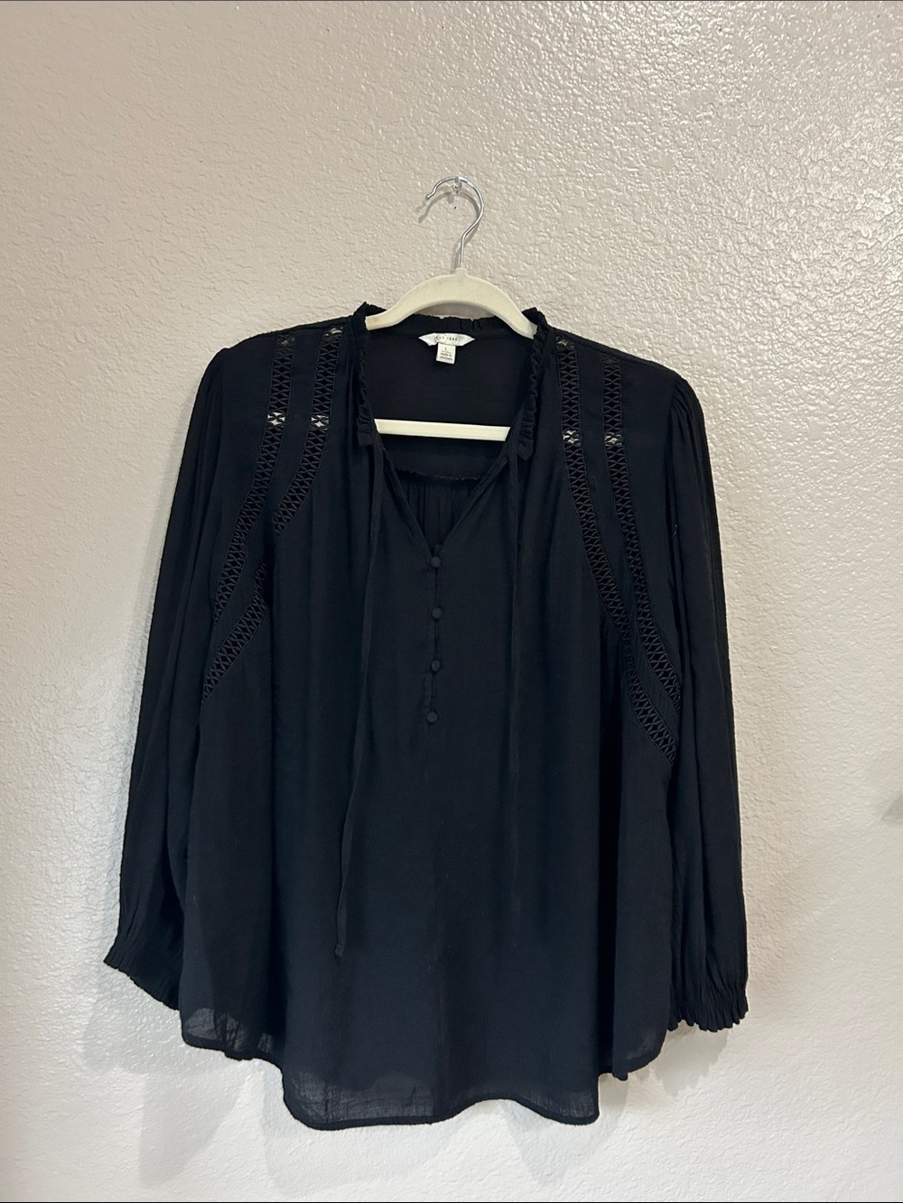 C EST 1946 Black Boho Button-Front Peasant Top Casual Cottage Core Sz L TC0320